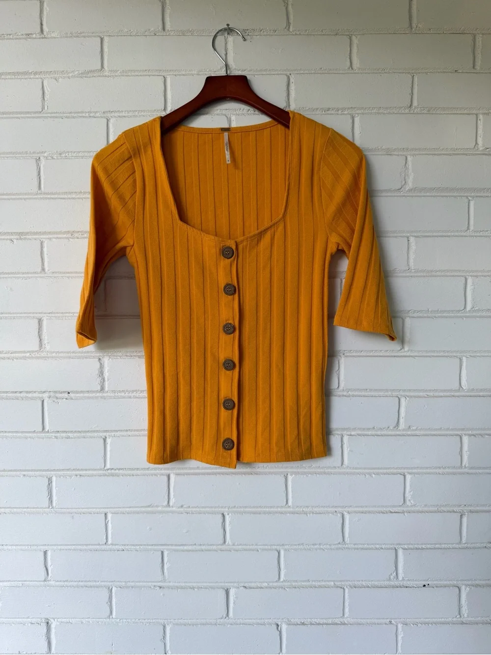 Free People Central Park Ribbed Button-Down Top - Gold / Mustard Yellow - size M